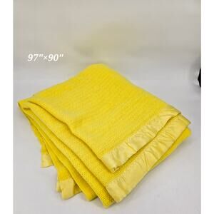 Vintage Sears Yellow Acrylic Blanket 97"x90" Satin Trim | Mid Century Throw